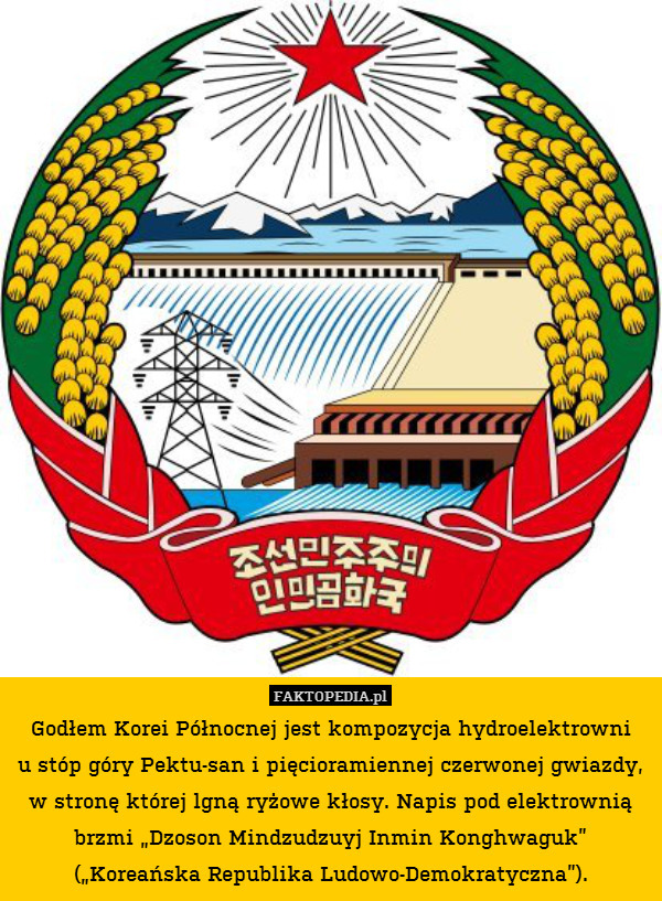 Godłem Korei Północnej jest kompozycja hydroelektrowni
u stóp góry Pektu-san i pięcioramiennej czerwonej gwiazdy,
w stronę której lgną ryżowe kłosy. Napis pod elektrownią brzmi „Dzoson Mindzudzuyj Inmin Konghwaguk” („Koreańska Republika Ludowo-Demokratyczna”). 