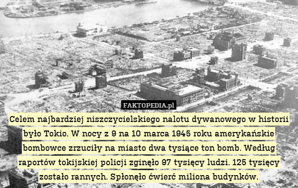 Celem najbardziej niszczycielskiego nalotu dywanowego w historii było Tokio. W nocy z 9 na 10 marca 1945 roku amerykańskie bombowce zrzuciły na miasto dwa tysiące ton bomb. Według raportów tokijskiej policji zginęło 97 tysięcy ludzi. 125 tysięcy zostało rannych. Spłonęło ćwierć miliona budynków. 