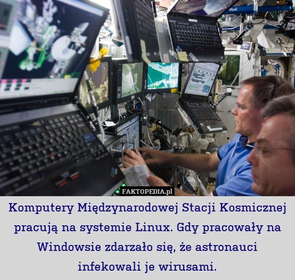 Komputery Międzynarodowej Stacji Kosmicznej pracują na systemie Linux. Gdy pracowały na Windowsie zdarzało się, że astronauci infekowali je wirusami. 