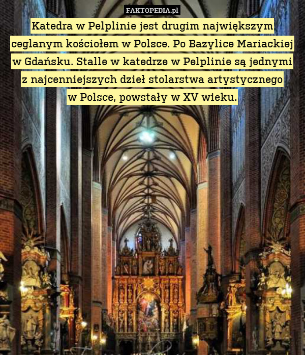 Katedra w Pelplinie jest drugim największym ceglanym kościołem w Polsce. Po Bazylice Mariackiej w Gdańsku. Stalle w katedrze w Pelplinie są jednymi
z najcenniejszych dzieł stolarstwa artystycznego
w Polsce, powstały w XV wieku. 
