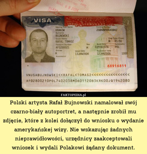 Polski artysta Rafał Bujnowski namalował swój czarno-biały autoportret, a następnie zrobił mu zdjęcie, które z kolei dołączył do wniosku o wydanie amerykańskej wizy. Nie wskazując żadnych nieprawidłowości, urzędnicy zaakceptowali wniosek i wydali Polakowi żądany dokument. 