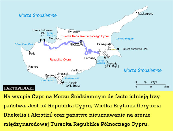 Na wyspie Cypr na Morzu Śródziemnym de facto istnieją trzy państwa. Jest to: Republika Cypru, Wielka Brytania (terytoria Dhekelia i Akrotiri) oraz państwo nieuznawanie na arenie międzynarodowej Turecka Republika Północnego Cypru. 
