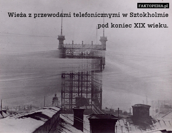 Wieża z przewodami telefonicznymi w Sztokholmie pod koniec XIX wieku. 