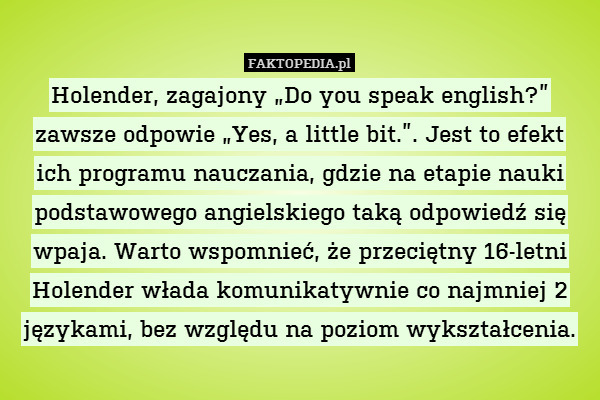 Holender, zagajony „Do you speak english?” zawsze odpowie „Yes, a little bit.”. Jest to efekt
ich programu nauczania, gdzie na etapie nauki podstawowego angielskiego taką odpowiedź się wpaja. Warto wspomnieć, że przeciętny 16-letni Holender włada komunikatywnie co najmniej 2 językami, bez względu na poziom wykształcenia. 