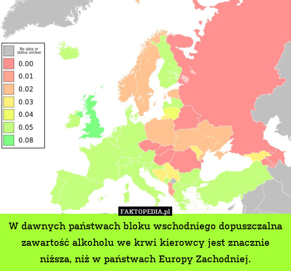 W dawnych państwach bloku wschodniego dopuszczalna zawartość alkoholu we krwi kierowcy jest znacznie niższa, niż w państwach Europy Zachodniej. 