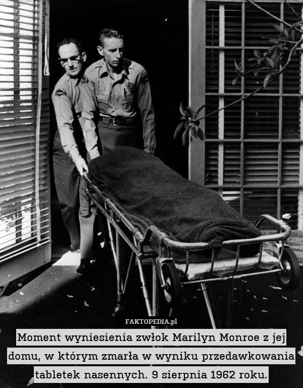 Moment wyniesienia zwłok Marilyn Monroe z jej domu, w którym zmarła w wyniku przedawkowania tabletek nasennych. 9 sierpnia 1962 roku. 