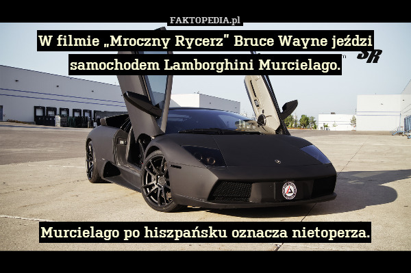 W filmie „Mroczny Rycerz” Bruce Wayne jeździ samochodem Lamborghini Murcielago.






Murcielago po hiszpańsku oznacza nietoperza. 