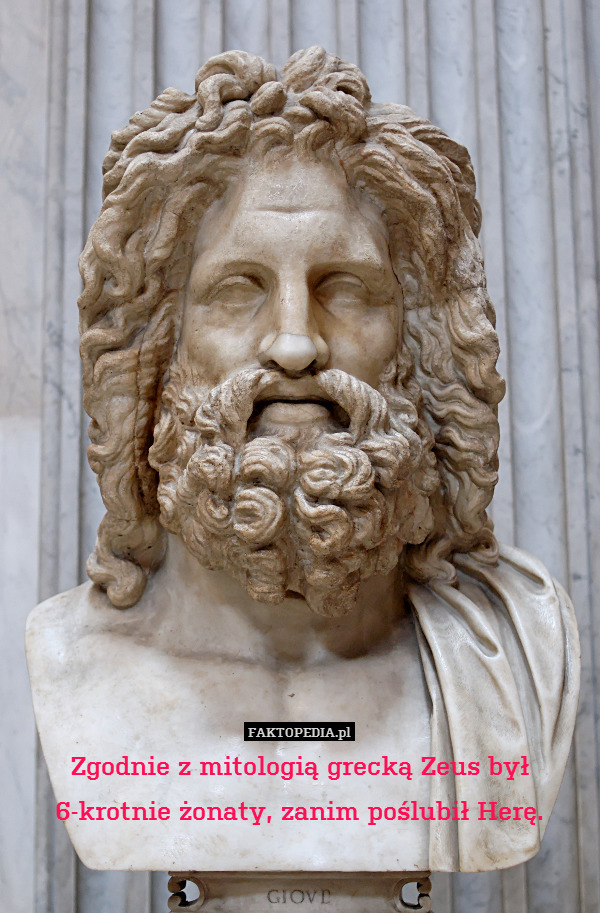 Zgodnie z mitologią grecką Zeus był 6-krotnie żonaty, zanim poślubił Herę. 