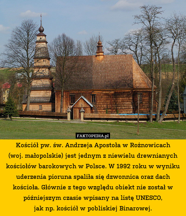 Kościół pw. św. Andrzeja Apostoła w Rożnowicach
(woj. małopolskie) jest jednym z niewielu drewnianych kościołów barokowych w Polsce. W 1992 roku w wyniku uderzenia pioruna spaliła się dzwonnica oraz dach kościoła. Głównie z tego względu obiekt nie został w późniejszym czasie wpisany na listę UNESCO,
jak np. kościół w pobliskiej Binarowej. 