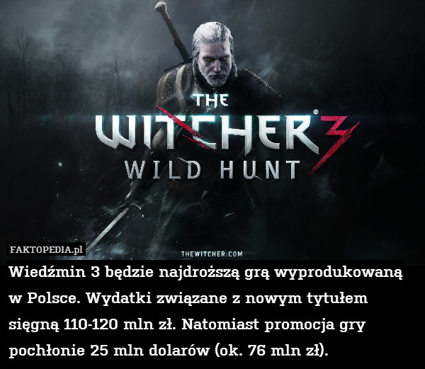 Wiedźmin 3 będzie najdroższą grą wyprodukowaną w Polsce. Wydatki związane z nowym tytułem sięgną 110-120 mln zł. Natomiast promocja gry pochłonie 25 mln dolarów (ok. 76 mln zł). 