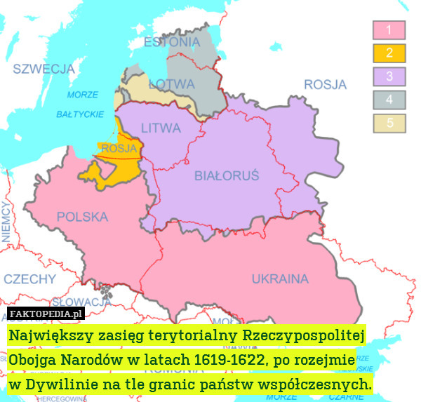Największy zasięg terytorialny Rzeczypospolitej Obojga Narodów w latach 1619-1622, po rozejmie
w Dywilinie na tle granic państw współczesnych. 