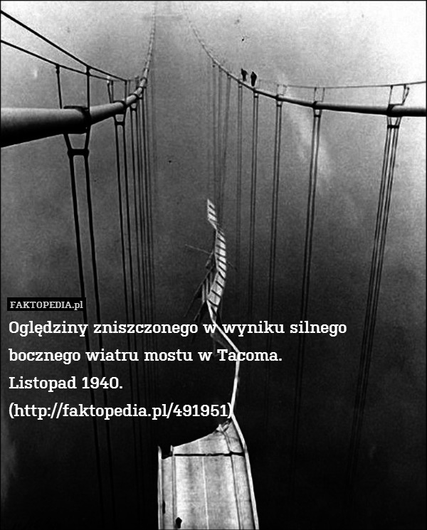 Oględziny zniszczonego w wyniku silnego bocznego wiatru mostu w Tacoma.
Listopad 1940.
(http://faktopedia.pl/491951) 