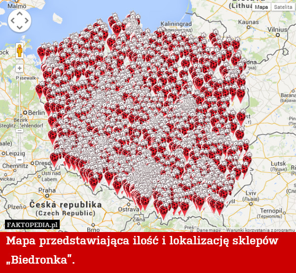 Mapa przedstawiająca ilość i lokalizację sklepów „Biedronka”. 