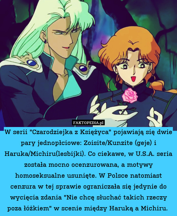 W serii "Czarodziejka z Księżyca" pojawiają się dwie pary jednopłciowe: Zoisite/Kunzite (geje) i Haruka/Michiru(lesbijki). Co ciekawe, w U.S.A. seria została mocno ocenzurowana, a motywy homoseksualne usunięte. W Polsce natomiast cenzura w tej sprawie ograniczała się jedynie do wycięcia zdania "Nie chcę słuchać takich rzeczy poza łóżkiem" w scenie między Haruką a Michiru. 