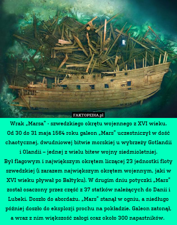 Wrak „Marsa” - szwedzkiego okrętu wojennego z XVI wieku.
Od 30 do 31 maja 1564 roku galeon „Mars” uczestniczył w dość chaotycznej, dwudniowej bitwie morskiej u wybrzeży Gotlandii
i Olandii – jednej z wielu bitew wojny siedmioletniej.
Był flagowym i największym okrętem liczącej 23 jednostki floty szwedzkiej (i zarazem największym okrętem wojennym, jaki w XVI wieku pływał po Bałtyku). W drugim dniu potyczki „Mars” został osaczony przez część z 37 statków należących do Danii i Lubeki. Doszło do abordażu. „Mars” stanął w ogniu, a niedługo później doszło do eksplozji prochu na pokładzie. Galeon zatonął, a wraz z nim większość załogi oraz około 300 napastników. 