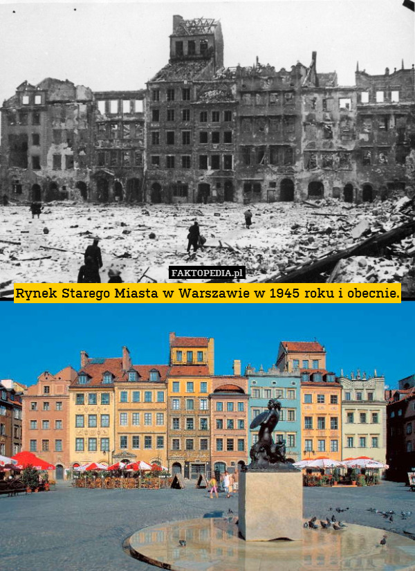 Rynek Starego Miasta w Warszawie w 1945 roku i obecnie. 