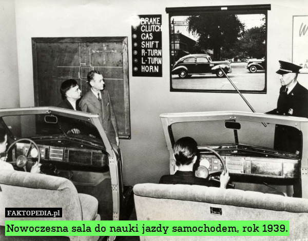 Nowoczesna sala do nauki jazdy samochodem, rok 1939. 