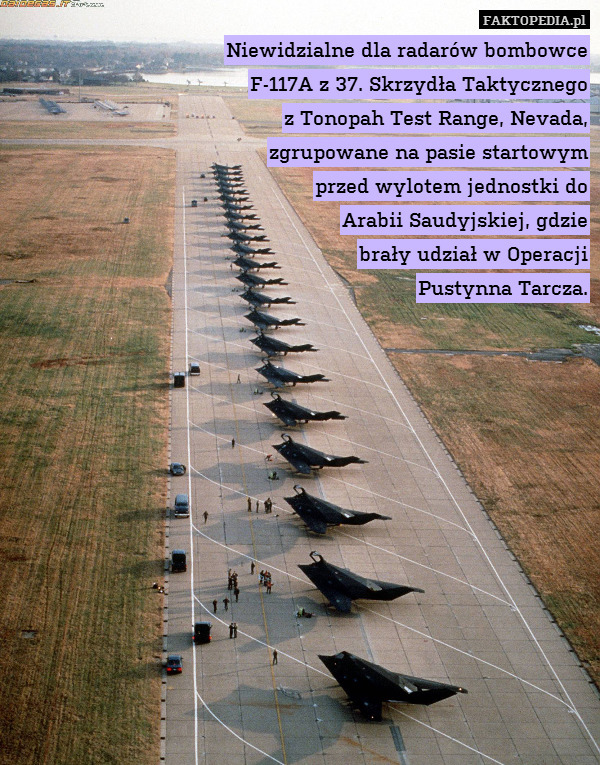 Niewidzialne dla radarów bombowce
F-117A z 37. Skrzydła Taktycznego
z Tonopah Test Range, Nevada,
zgrupowane na pasie startowym
przed wylotem jednostki do
Arabii Saudyjskiej, gdzie
brały udział w Operacji
Pustynna Tarcza. 