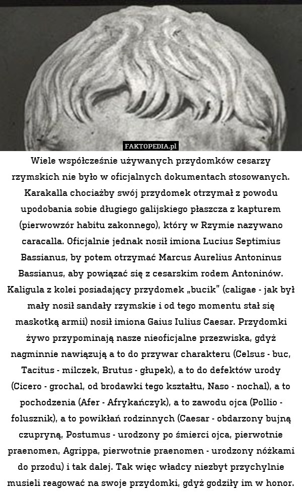 Wiele współcześnie używanych przydomków cesarzy rzymskich nie było w oficjalnych dokumentach stosowanych. Karakalla chociażby swój przydomek otrzymał z powodu upodobania sobie długiego galijskiego płaszcza z kapturem (pierwowzór habitu zakonnego), który w Rzymie nazywano caracalla. Oficjalnie jednak nosił imiona Lucius Septimius Bassianus, by potem otrzymać Marcus Aurelius Antoninus Bassianus, aby powiązać się z cesarskim rodem Antoninów. Kaligula z kolei posiadający przydomek „bucik” (caligae - jak był mały nosił sandały rzymskie i od tego momentu stał się maskotką armii) nosił imiona Gaius Iulius Caesar. Przydomki żywo przypominają nasze nieoficjalne przezwiska, gdyż nagminnie nawiązują a to do przywar charakteru (Celsus - buc, Tacitus - milczek, Brutus - głupek), a to do defektów urody (Cicero - grochal, od brodawki tego kształtu, Naso - nochal), a to pochodzenia (Afer - Afrykańczyk), a to zawodu ojca (Pollio - folusznik), a to powikłań rodzinnych (Caesar - obdarzony bujną czupryną, Postumus - urodzony po śmierci ojca, pierwotnie praenomen, Agrippa, pierwotnie praenomen - urodzony nóżkami do przodu) i tak dalej. Tak więc władcy niezbyt przychylnie musieli reagować na swoje przydomki, gdyż godziły im w honor. 