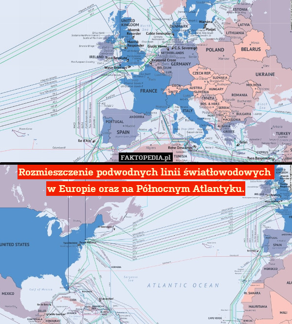 Rozmieszczenie podwodnych linii światłowodowych 
w Europie oraz na Północnym Atlantyku. 