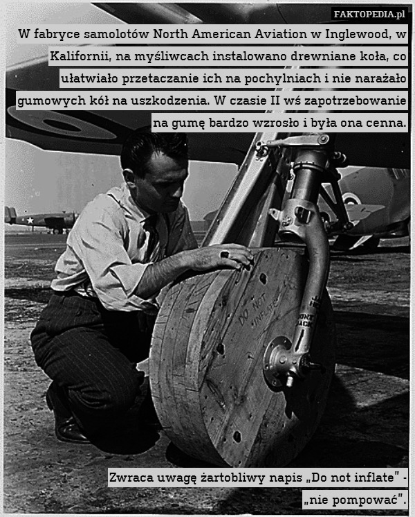 W fabryce samolotów North American Aviation w Inglewood, w Kalifornii, na myśliwcach instalowano drewniane koła, co ułatwiało przetaczanie ich na pochylniach i nie narażało gumowych kół na uszkodzenia. W czasie II wś zapotrzebowanie na gumę bardzo wzrosło i była ona cenna.















Zwraca uwagę żartobliwy napis „Do not inflate” -
„nie pompować”. 