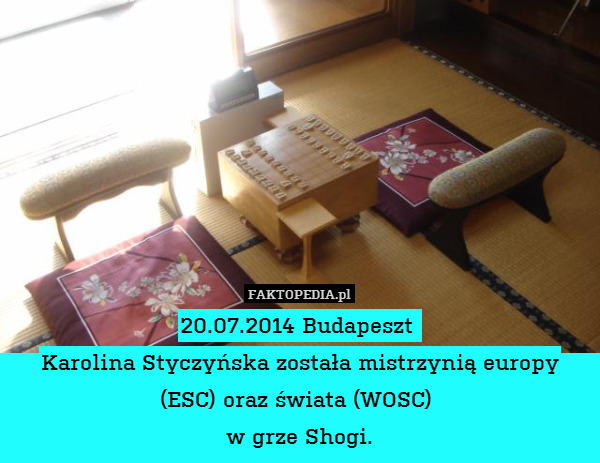 20.07.2014 Budapeszt 
Karolina Styczyńska została mistrzynią europy (ESC) oraz świata (WOSC) 
w grze Shogi. 