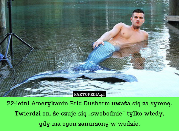 22-letni Amerykanin Eric Dusharm uważa się za syrenę. Twierdzi on, że czuje się „swobodnie” tylko wtedy,
gdy ma ogon zanurzony w wodzie. 