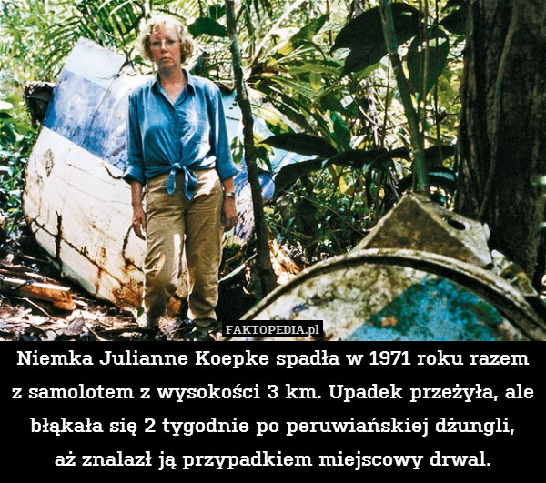 Niemka Julianne Koepke spadła w 1971 roku razem z samolotem z wysokości 3 km. Upadek przeżyła, ale błąkała się 2 tygodnie po peruwiańskiej dżungli,
aż znalazł ją przypadkiem miejscowy drwal. 