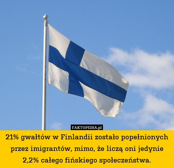 21% gwałtów w Finlandii zostało popełnionych przez imigrantów, mimo, że liczą oni jedynie 2,2% całego fińskiego społeczeństwa. 