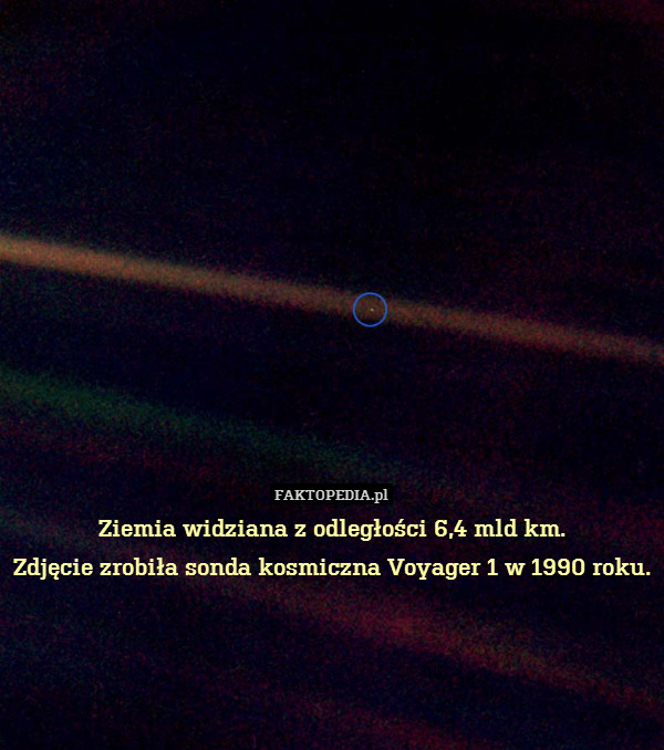 Ziemia widziana z odległości 6,4 mld km.
Zdjęcie zrobiła sonda kosmiczna Voyager 1 w 1990 roku. 