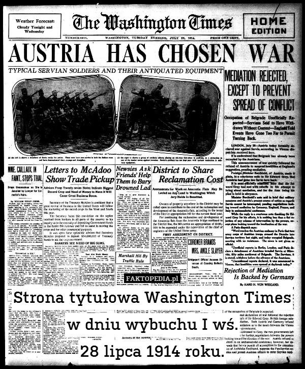 Strona tytułowa Washington Times w dniu wybuchu I wś.
28 lipca 1914 roku. 