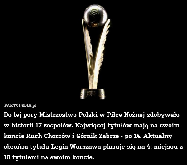Do tej pory Mistrzostwo Polski w Piłce Nożnej zdobywało w historii 17 zespołów. Najwięcej tytułów mają na swoim koncie Ruch Chorzów i Górnik Zabrze - po 14. Aktualny obrońca tytułu Legia Warszawa plasuje się na 4. miejscu z 10 tytułami na swoim koncie. 