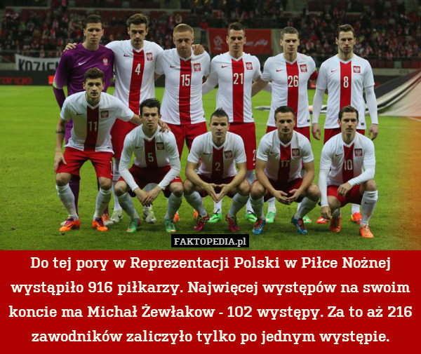 Do tej pory w Reprezentacji Polski w Piłce Nożnej wystąpiło 916 piłkarzy. Najwięcej występów na swoim koncie ma Michał Żewłakow - 102 występy. Za to aż 216 zawodników zaliczyło tylko po jednym występie. 
