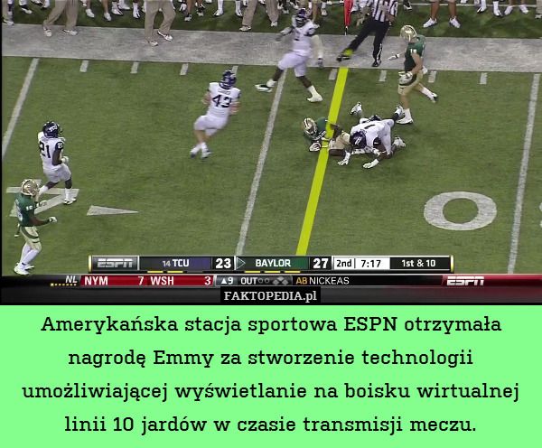 Amerykańska stacja sportowa ESPN otrzymała nagrodę Emmy za stworzenie technologii umożliwiającej wyświetlanie na boisku wirtualnej linii 10 jardów w czasie transmisji meczu. 