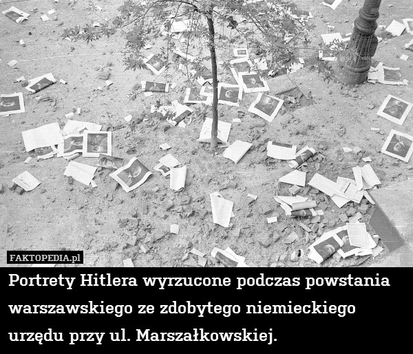 Portrety Hitlera wyrzucone podczas powstania warszawskiego ze zdobytego niemieckiego urzędu przy ul. Marszałkowskiej. 