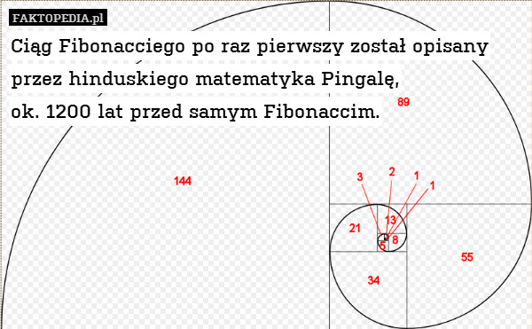 Ciąg Fibonacciego po raz pierwszy został opisany przez hinduskiego matematyka Pingalę,
ok. 1200 lat przed samym Fibonaccim. 