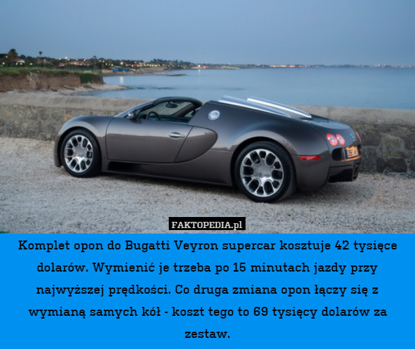 Komplet opon do Bugatti Veyron supercar kosztuje 42 tysięce dolarów. Wymienić je trzeba po 15 minutach jazdy przy najwyższej prędkości. Co druga zmiana opon łączy się z wymianą samych kół - koszt tego to 69 tysięcy dolarów za zestaw. 