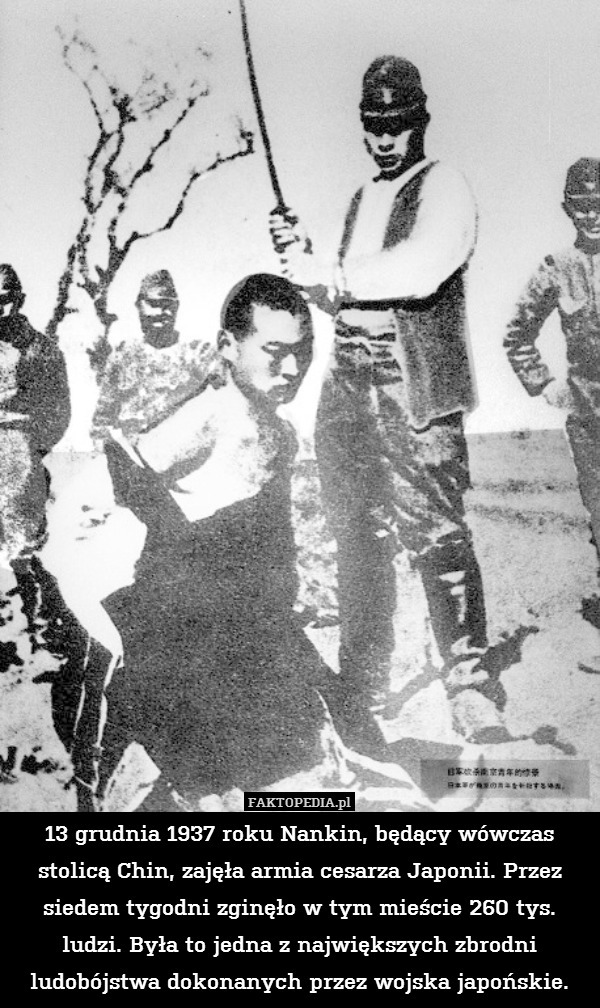13 grudnia 1937 roku Nankin, będący wówczas stolicą Chin, zajęła armia cesarza Japonii. Przez siedem tygodni zginęło w tym mieście 260 tys. ludzi. Była to jedna z największych zbrodni ludobójstwa dokonanych przez wojska japońskie. 