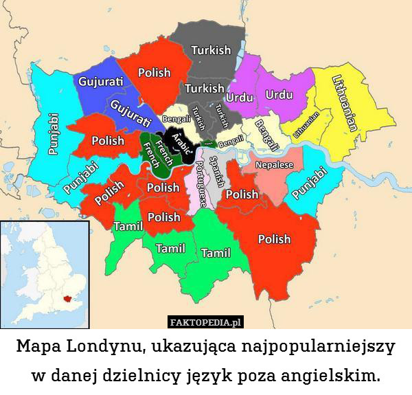 Mapa Londynu, ukazująca najpopularniejszy w danej dzielnicy język poza angielskim. 