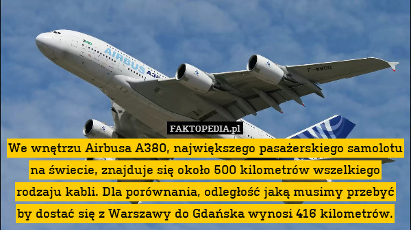 We wnętrzu Airbusa A380, największego pasażerskiego samolotu na świecie, znajduje się około 500 kilometrów wszelkiego rodzaju kabli. Dla porównania, odległość jaką musimy przebyć by dostać się z Warszawy do Gdańska wynosi 416 kilometrów. 