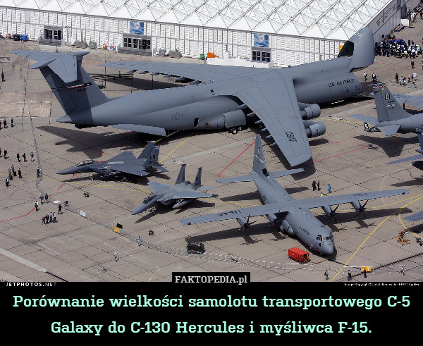 Porównanie wielkości samolotu transportowego C-5 Galaxy do C-130 Hercules i myśliwca F-15. 