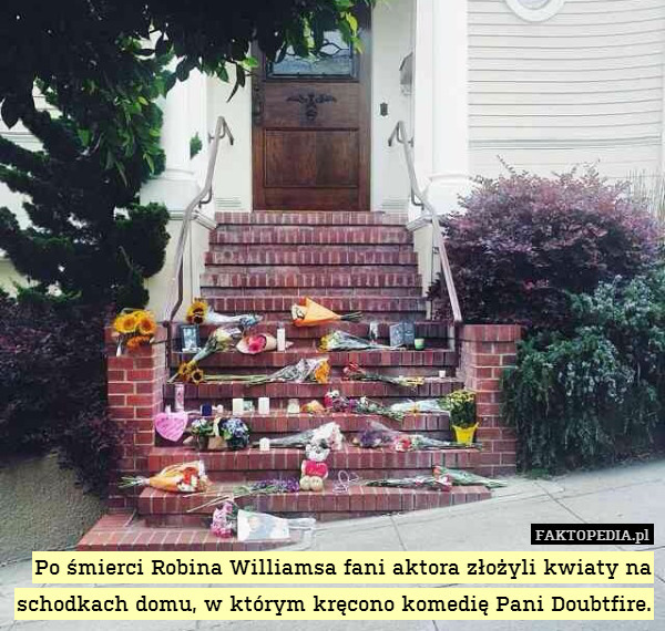 Po śmierci Robina Williamsa fani aktora złożyli kwiaty na schodkach domu, w którym kręcono komedię Pani Doubtfire. 