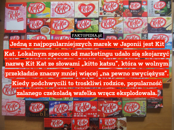 Jedną z najpopularniejszych marek w Japonii jest Kit Kat. Lokalnym specom od marketingu udało się skojarzyć nazwę Kit Kat ze słowami „kitto katsu”, która w wolnym przekładzie znaczy mniej więcej „na pewno zwyciężysz”. Kiedy podchwycili to troskliwi rodzice, popularność zalanego czekoladą wafelka wręcz eksplodowała. 