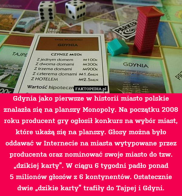 Gdynia jako pierwsze w historii miasto polskie znalazła się na planszy Monopoly. Na początku 2008 roku producent gry ogłosił konkurs na wybór miast, które ukażą się na planszy. Głosy można było oddawać w Internecie na miasta wytypowane przez producenta oraz nominować swoje miasto do tzw. „dzikiej karty”. W ciągu 6 tygodni padło ponad
5 milionów głosów z 6 kontynentów. Ostatecznie dwie „dzikie karty” trafiły do Tajpej i Gdyni. 