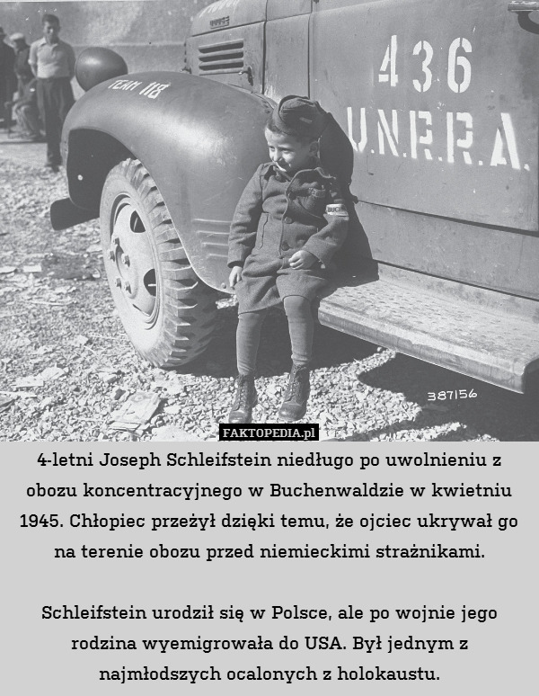 4-letni Joseph Schleifstein niedługo po uwolnieniu z obozu koncentracyjnego w Buchenwaldzie w kwietniu 1945. Chłopiec przeżył dzięki temu, że ojciec ukrywał go na terenie obozu przed niemieckimi strażnikami.

Schleifstein urodził się w Polsce, ale po wojnie jego rodzina wyemigrowała do USA. Był jednym z najmłodszych ocalonych z holokaustu. 