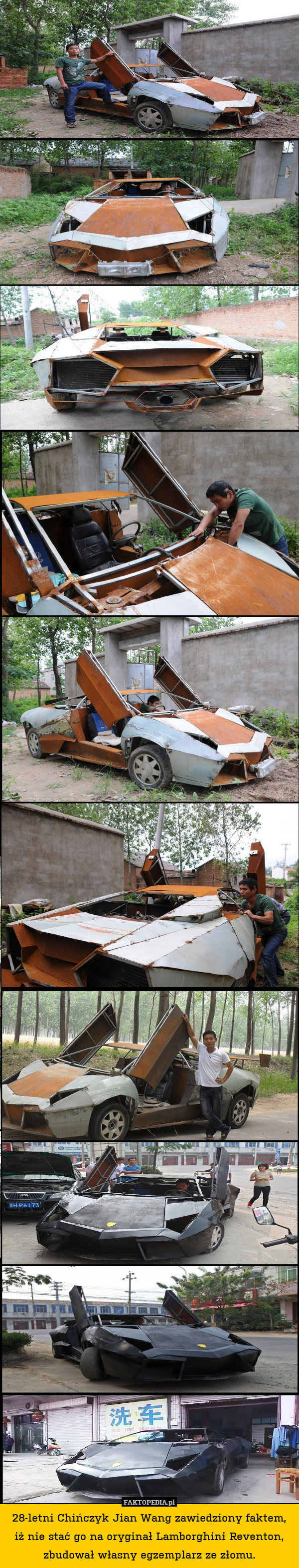 28-letni Chińczyk Jian Wang zawiedziony faktem, iż nie stać go na oryginał Lamborghini Reventon, zbudował własny egzemplarz ze złomu. 