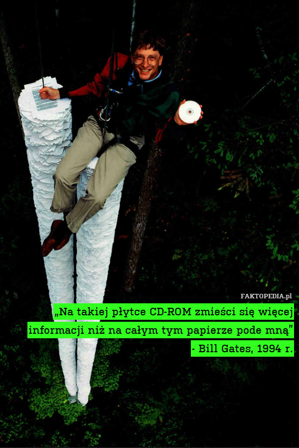 „Na takiej płytce CD-ROM zmieści się więcej informacji niż na całym tym papierze pode mną”
- Bill Gates, 1994 r. 
