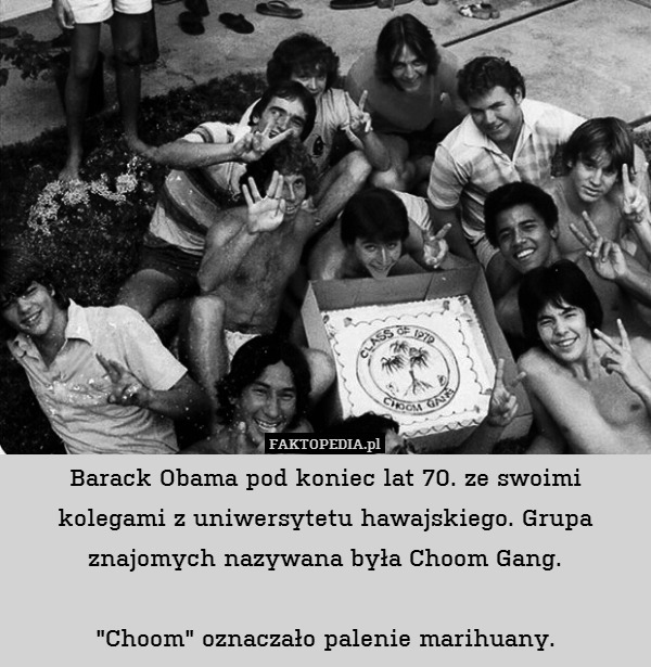 Barack Obama pod koniec lat 70. ze swoimi kolegami z uniwersytetu hawajskiego. Grupa znajomych nazywana była Choom Gang.

"Choom" oznaczało palenie marihuany. 