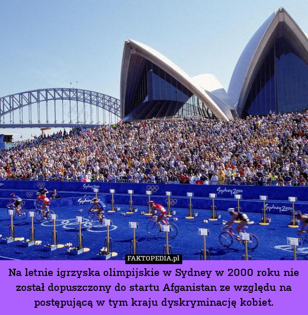 Na letnie igrzyska olimpijskie w Sydney w 2000 roku nie został dopuszczony do startu Afganistan ze względu na postępującą w tym kraju dyskryminację kobiet. 