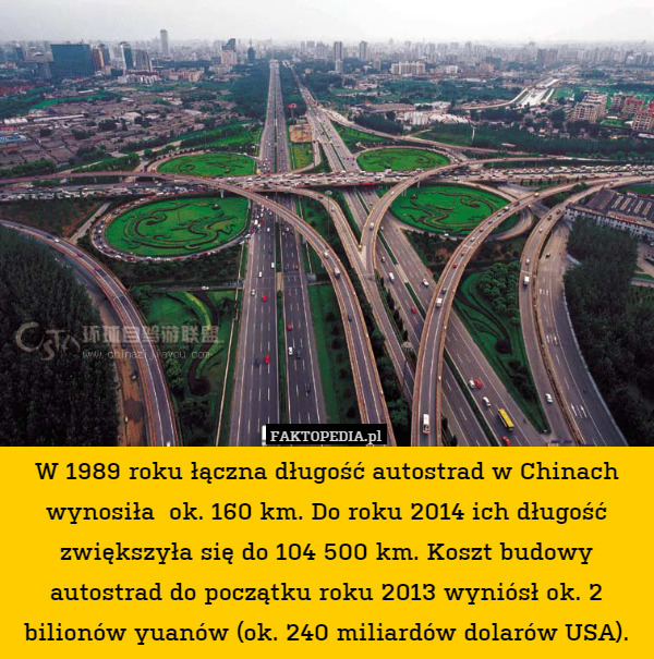 W 1989 roku łączna długość autostrad w Chinach wynosiła  ok. 160 km. Do roku 2014 ich długość zwiększyła się do 104 500 km. Koszt budowy autostrad do początku roku 2013 wyniósł ok. 2 bilionów yuanów (ok. 240 miliardów dolarów USA). 